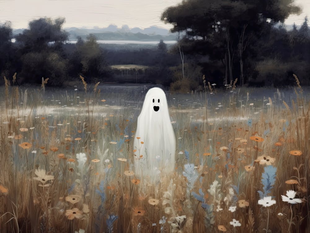 Cute Bedsheet Ghost In Flower Landscape Vintage Style, Halloween Spooky 3