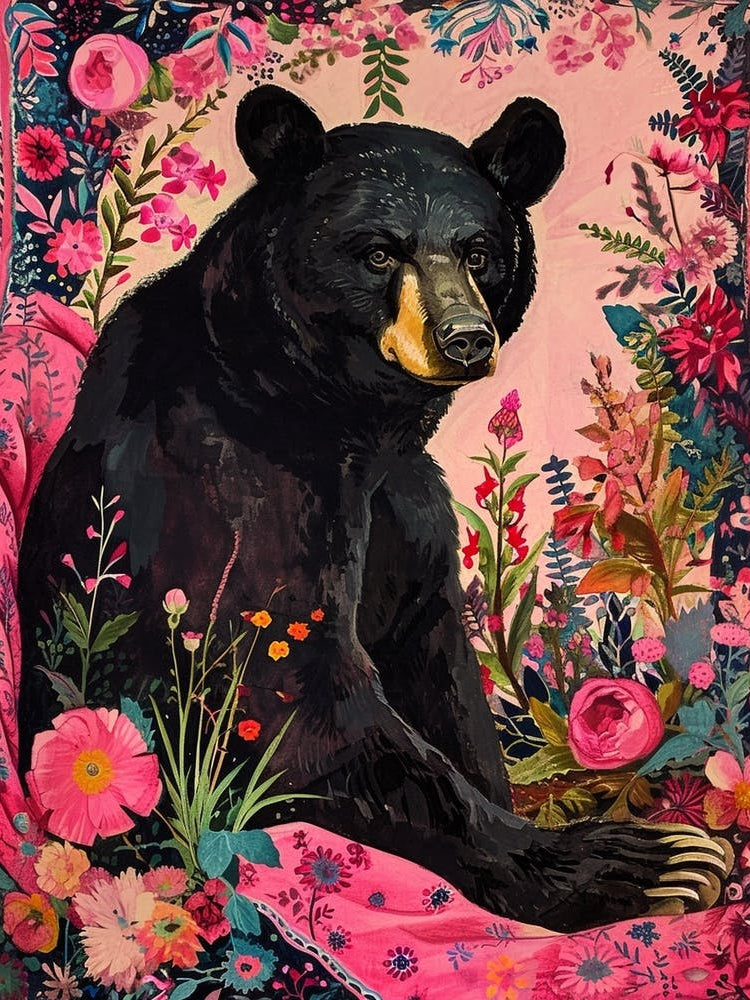 Floral Animal Painting Black Bear 4