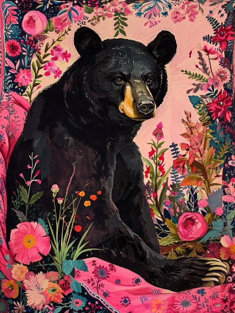 Floral Animal Painting Black Bear 4