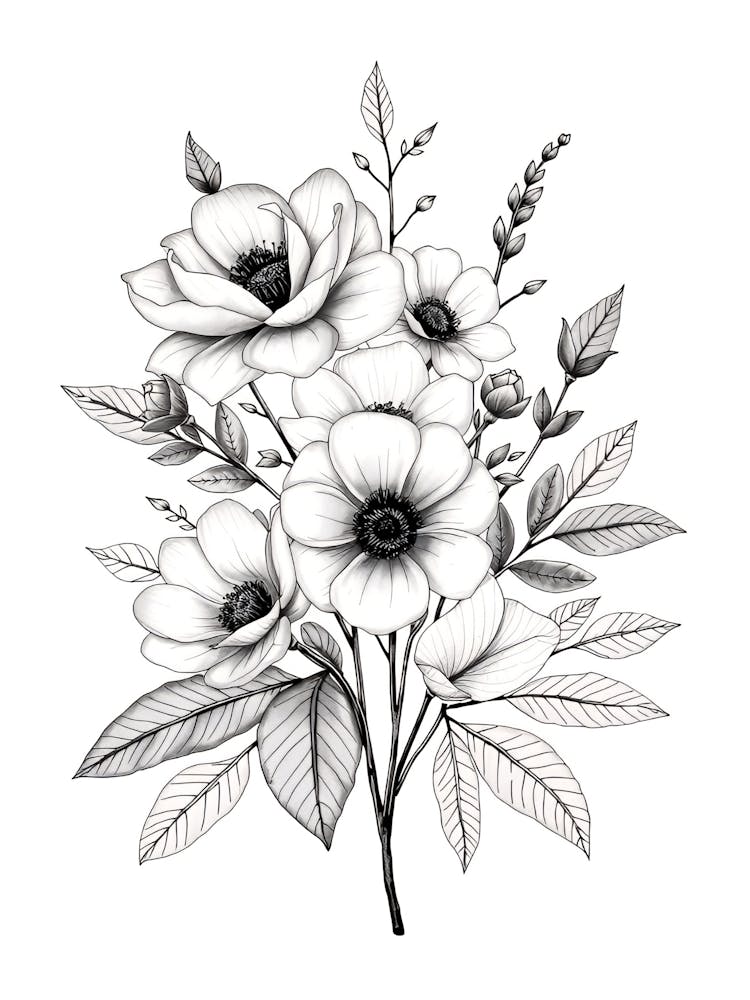 Black And White Drawing Of Flowers