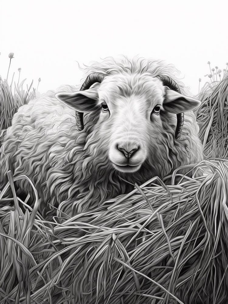 Black & White Illustration Of Highland Sheep In The Straw 1