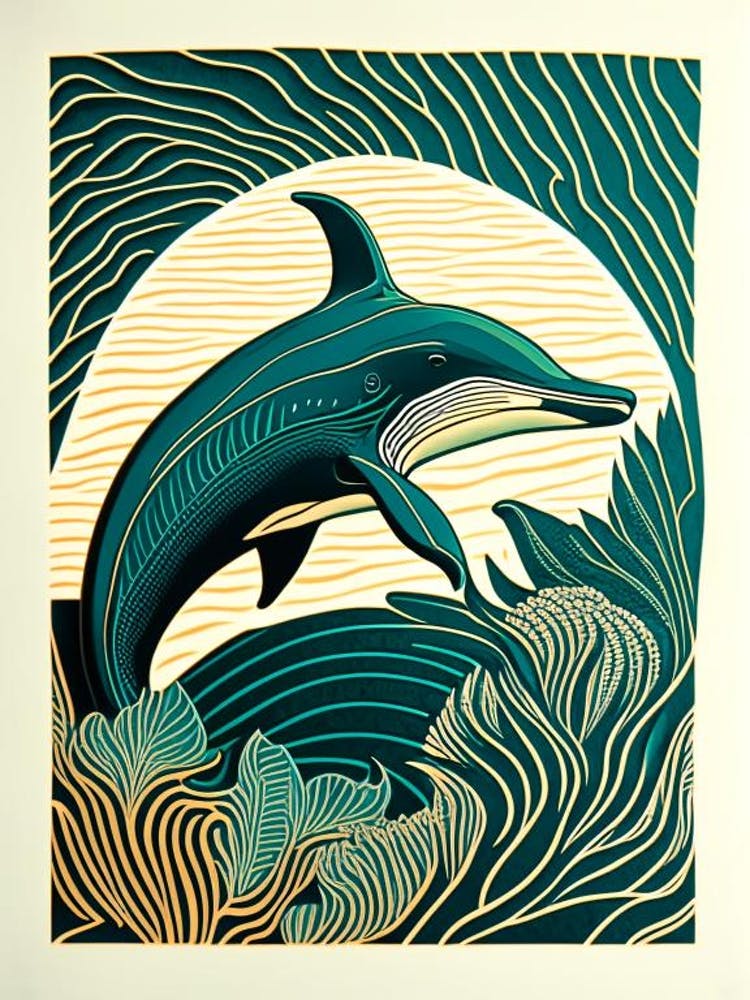 Tropical Dolphin Linocut
