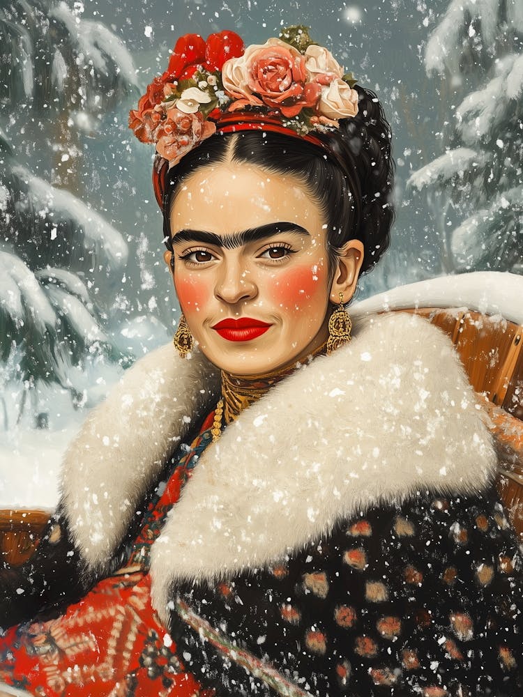 Frida Kahlo Weihnachts Malerei, Selbstportrait Frida mit Schneeflocken