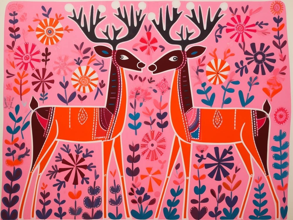Reindeer 2 Folk Style Animal Illustration