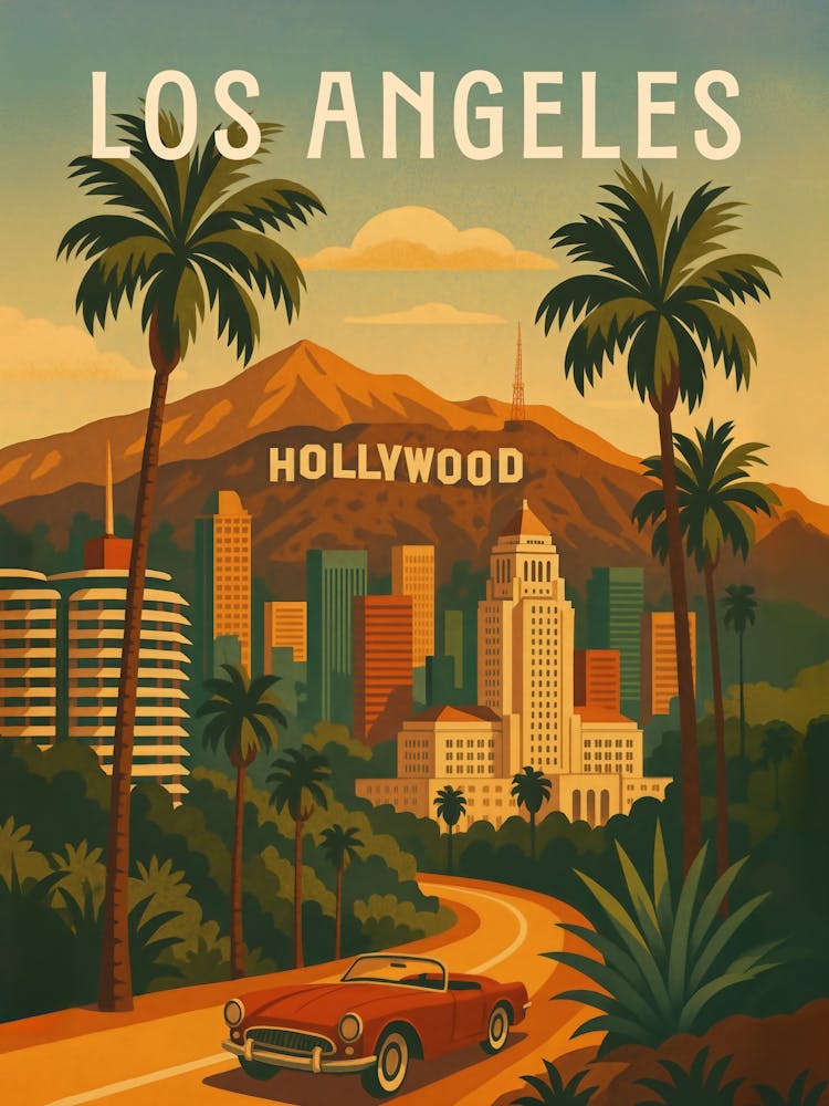 Los Angeles Travel Poster – Hollywood Hills & Sunset Skies: Palm trees, cityscapes, and the golden California glow – this Los Angeles travel poster celebrates west coast culture and iconic entertainment in sunny, retro-inspired style.