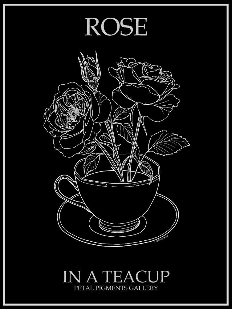 Rose In A Teacup Line Drawing 3 Poster Inverted