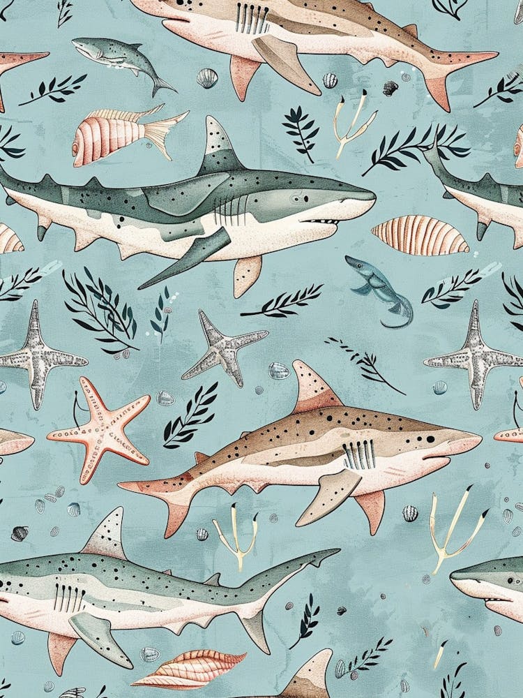 Motif Marin à l'Aquarelle Requin Roussette Bleu Pastel 2