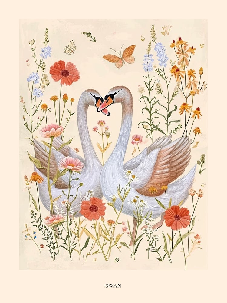 Folksy Floral Animal Drawing Swan Poster