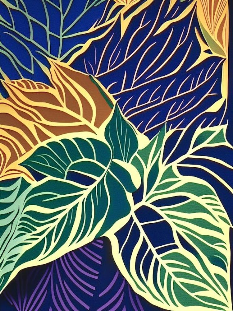Leaf Pattern Colourful Abstract Linocut