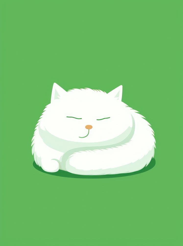 White Cat Sleeping On Green Background