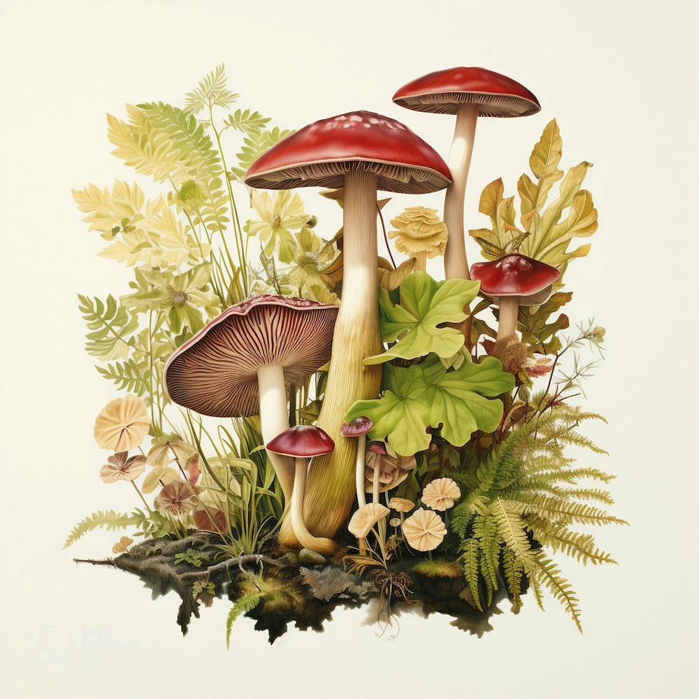 Russulas and heucheras - mushroom art print - mushroom botanical print