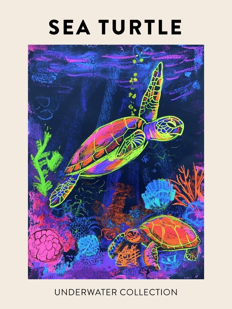 Neon Underwater Sea Turtle Poster 1