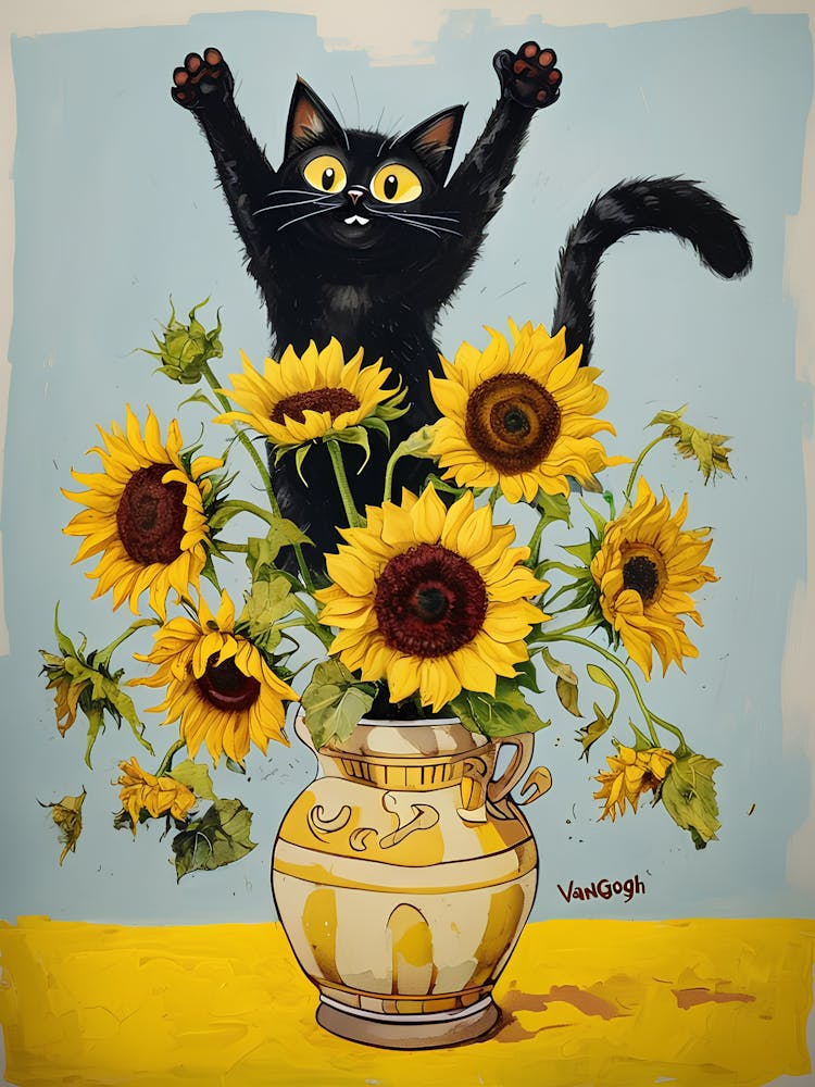 Black Cat Van Gogh Sunflowers