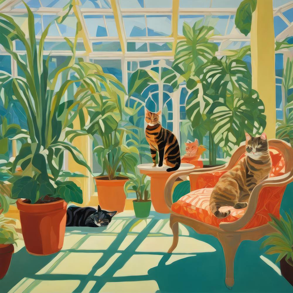 David Hockney Style. Cats in Sunlit Conservatory Series 2
