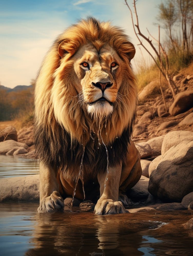 Lion Africain Buvant Dans Un Ruisseau Réaliste 1