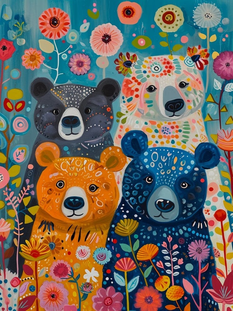 Colourful Floral Folky Bears 1