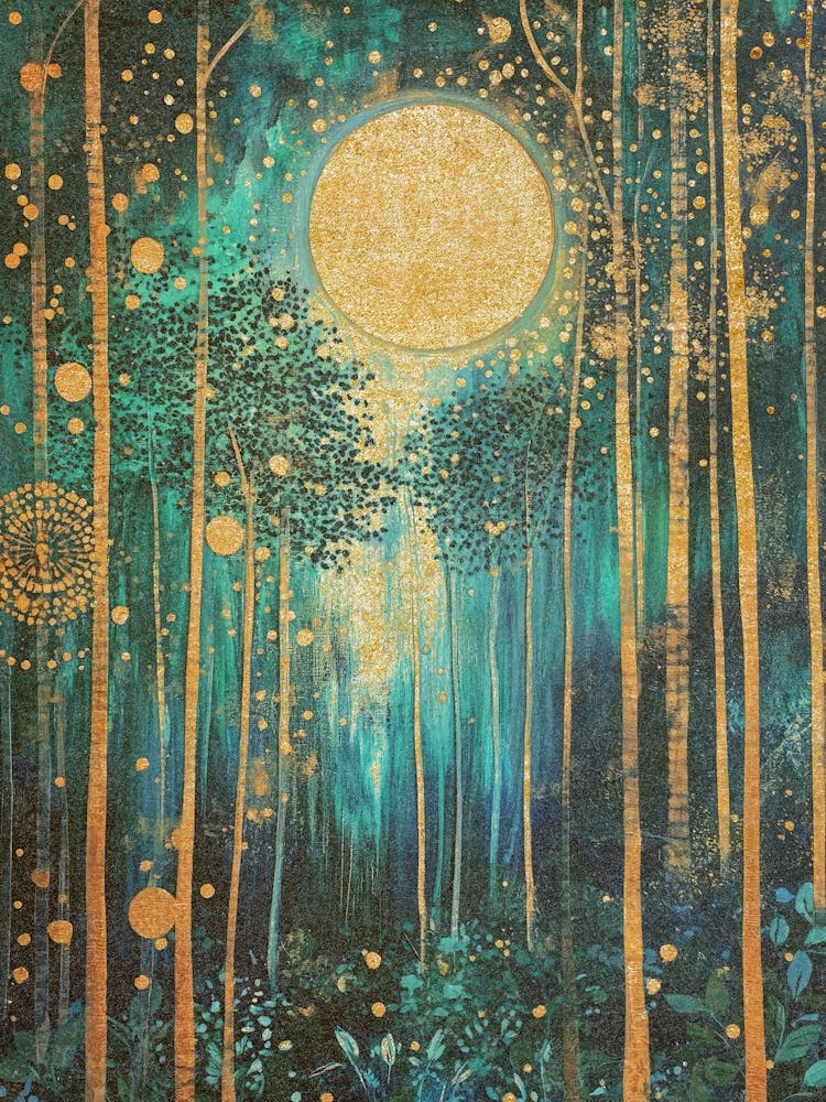 Gustav Klimt Inspired Night Forest Art With Trees And Moon