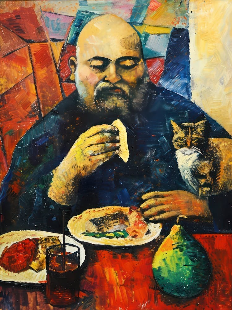 Portrait Of A Man With Cats Having Lunch