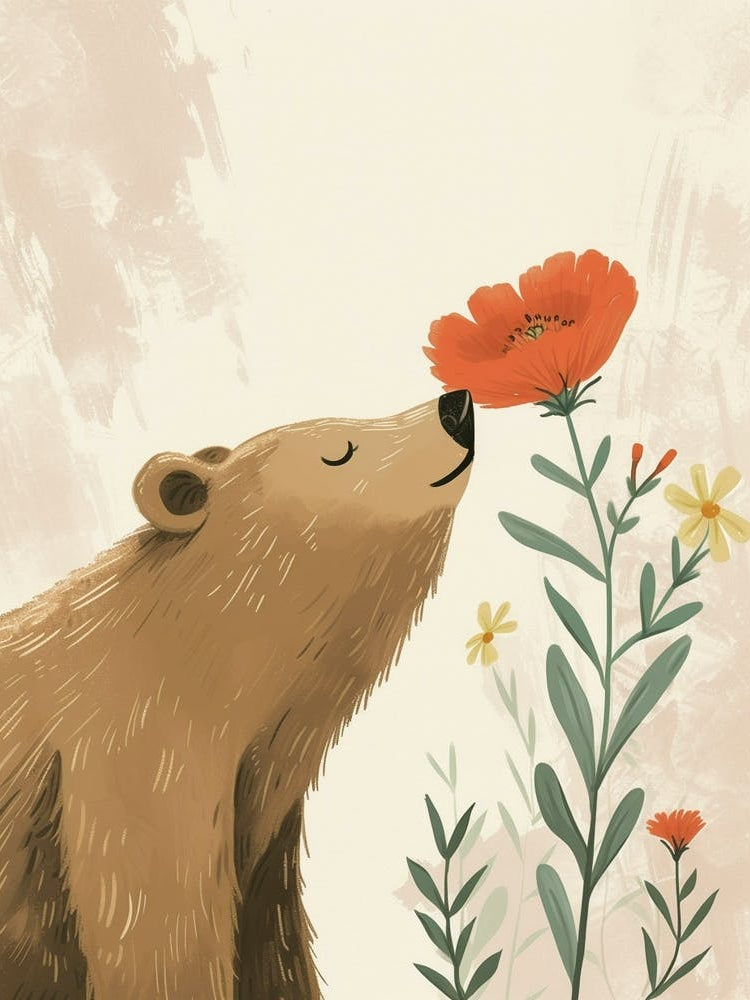 Sloth Bear Sniffing A Flower Storybook Illustration 3