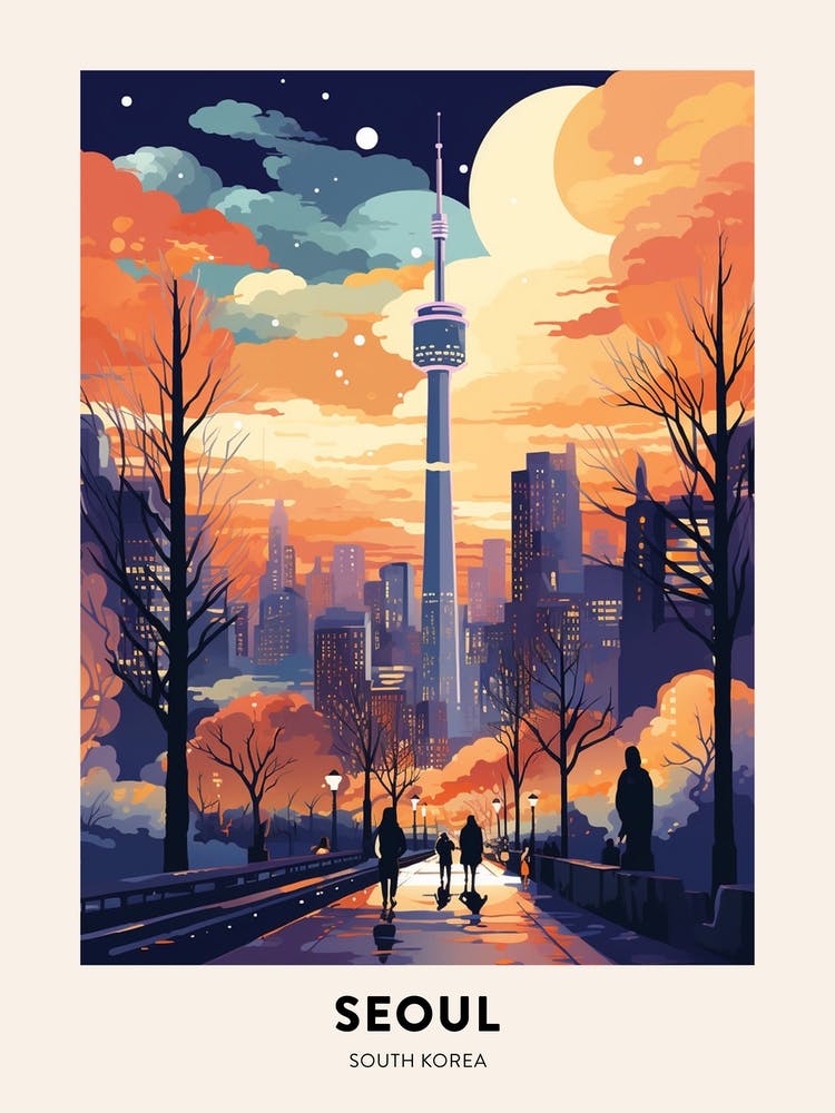 Winter Night  Travel Poster Seoul South Korea 2