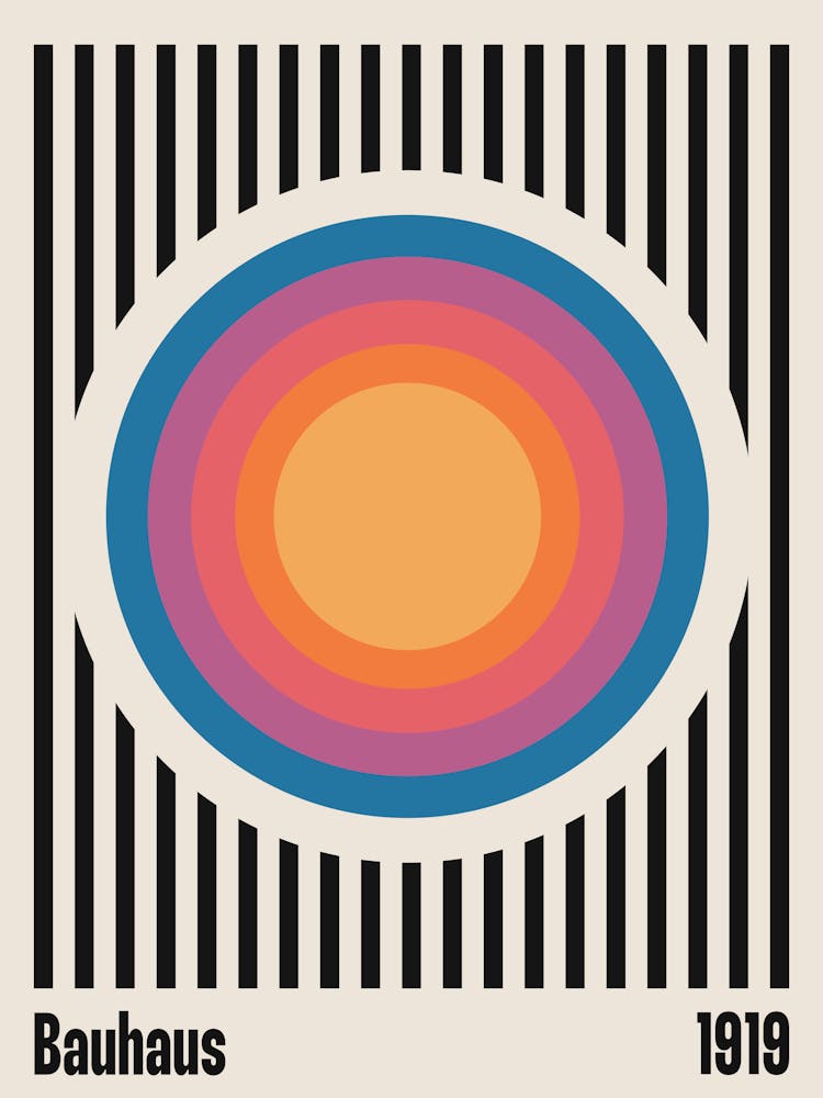 Bauhaus 1919 Stripes & colored circles pattern, European, vintage, retro, museum, cool, colorful, minimal, aesthetic, vibes