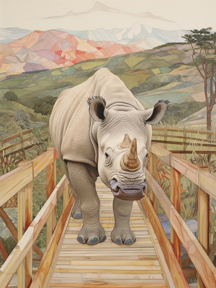 Rhino Crossing A Wooden Bridge With Mountain In The Background 2