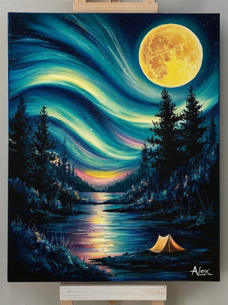 A Captivating Nocturnal Scene Painted In Vibrant Colors, Featuring A Large, Bright Yellow Moon Dominating The Sky