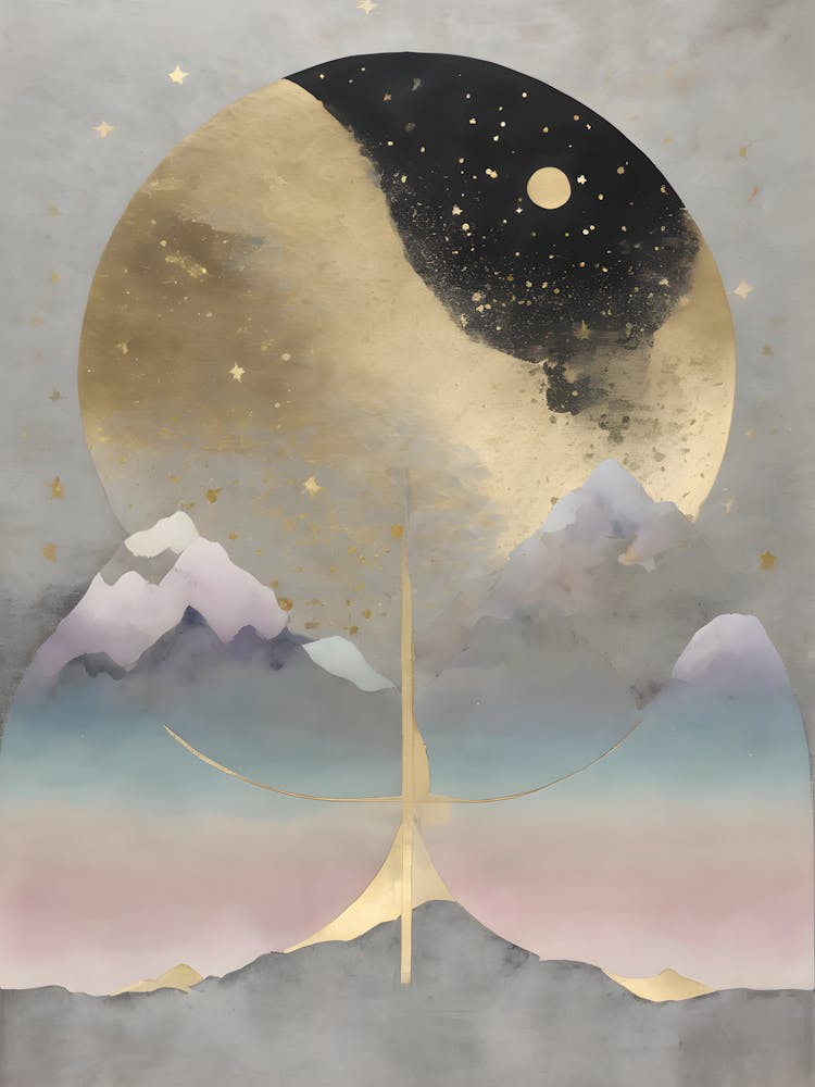 Wabi Sabi Dreams Collection 3 - Japanese Minimalism Abstract Moon Stars Mountains and Trees in Pale Neutral Pastels And Gold Leaf - Soul Scapes Nursery Baby Child or Meditation Room Tranquil Paintings For Serenity and Calm in Your Home