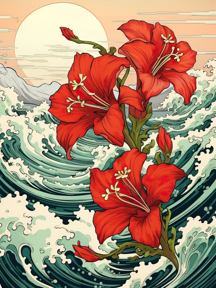 Great Wave With Amaryllis Flower Drawing In The Style Of Ukiyo E 3