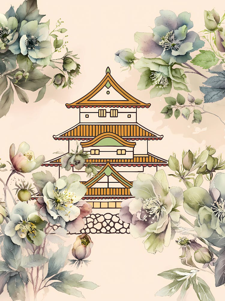Elegant Japanese pagoda and botanical art print combining a detailed line-art castle with soft watercolor flowers in muted tones.