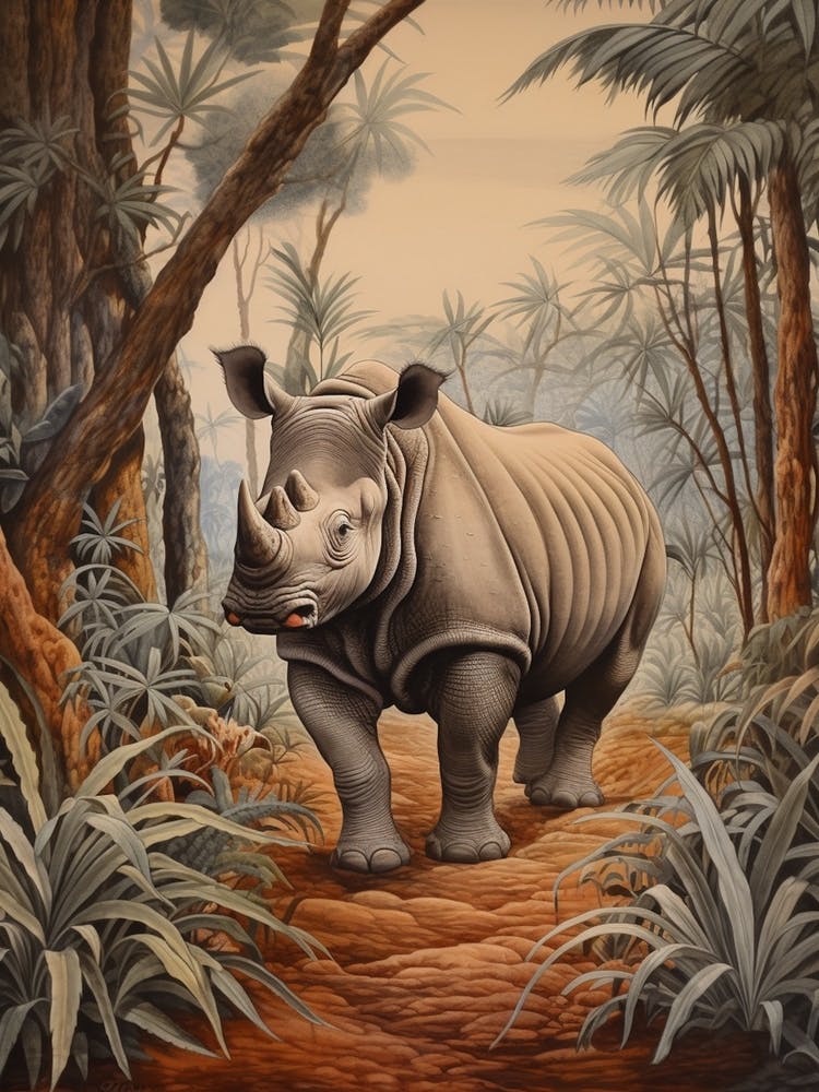 Rhino In The Trees At Sunset Realistic Illustration 4