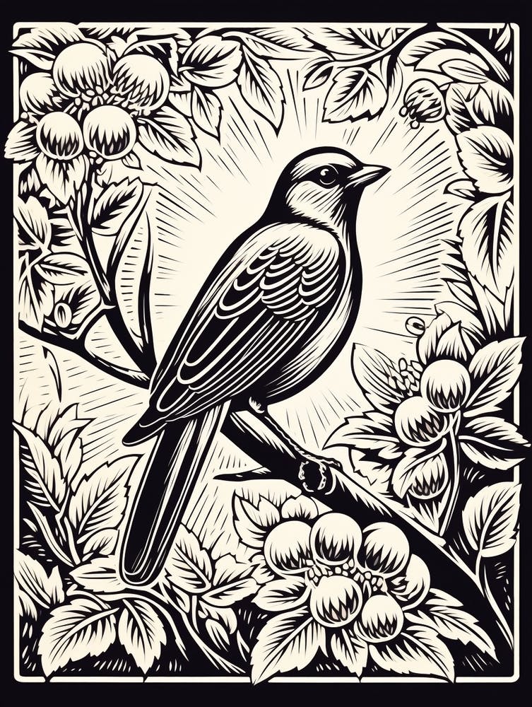 S/W Vogel Linolschnitt Zedernseidenschnabel 2