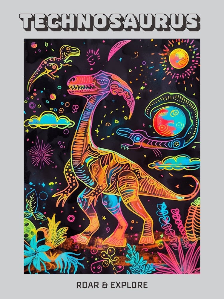 Colourful Dinosaur Neon Line Illustration 1 Poster Art Print by