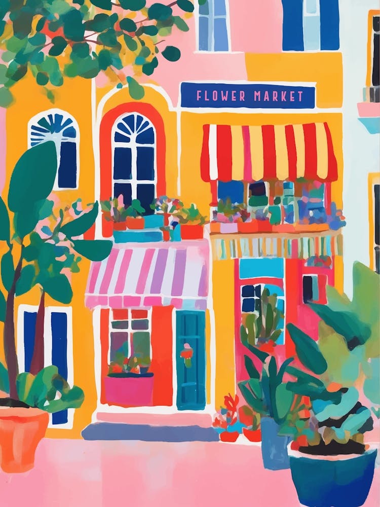 Façade colorée du marché aux fleurs