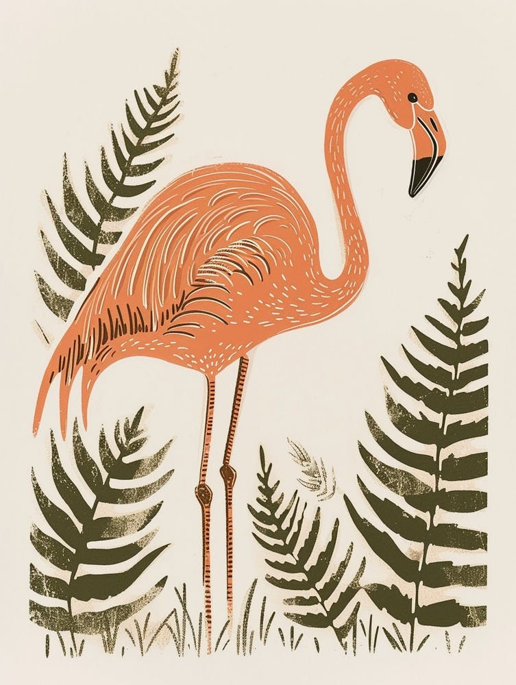 Lesser Flamingo And Ferns Minimalist Illustration 1