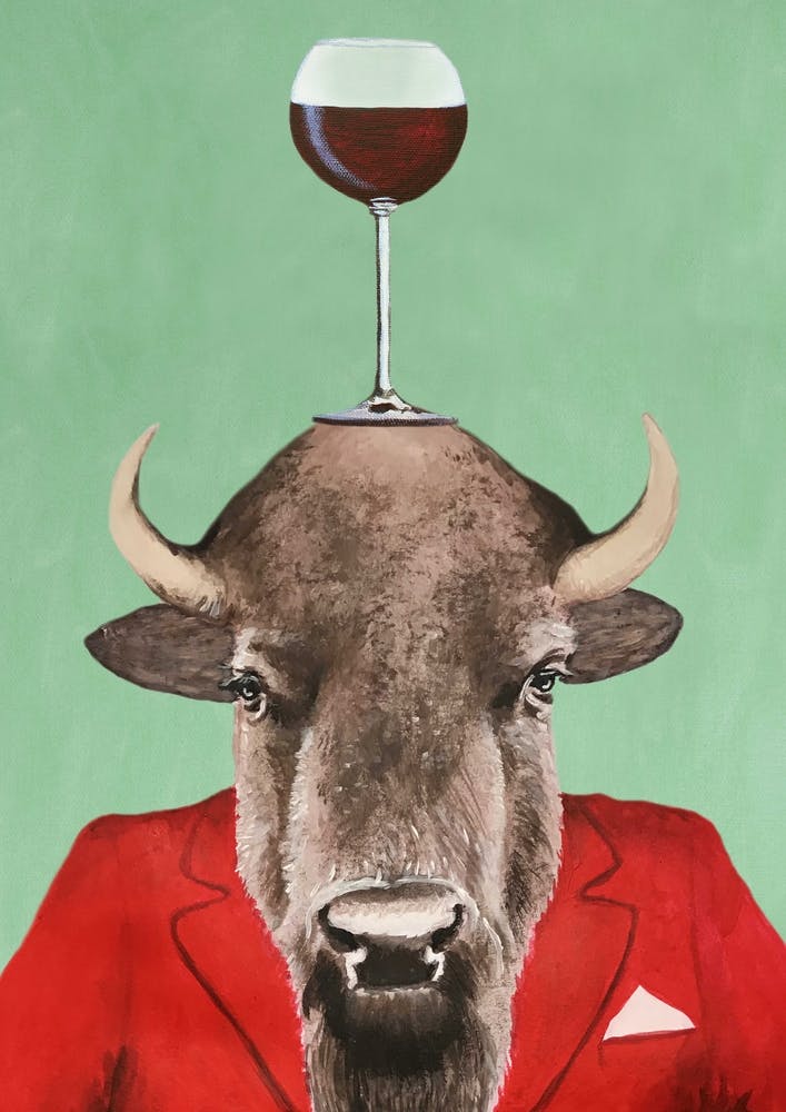 Buffalo With Wineglass Green & Red