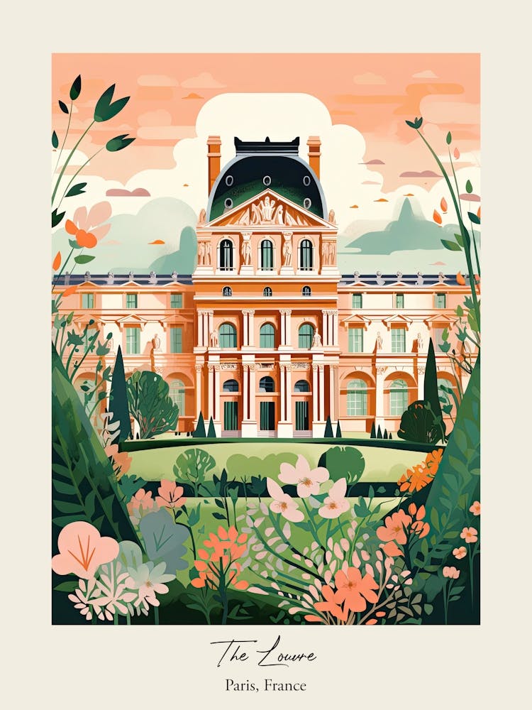 The Louvre   Paris, France   Cute Botanical Illustration Travel 0 Poster