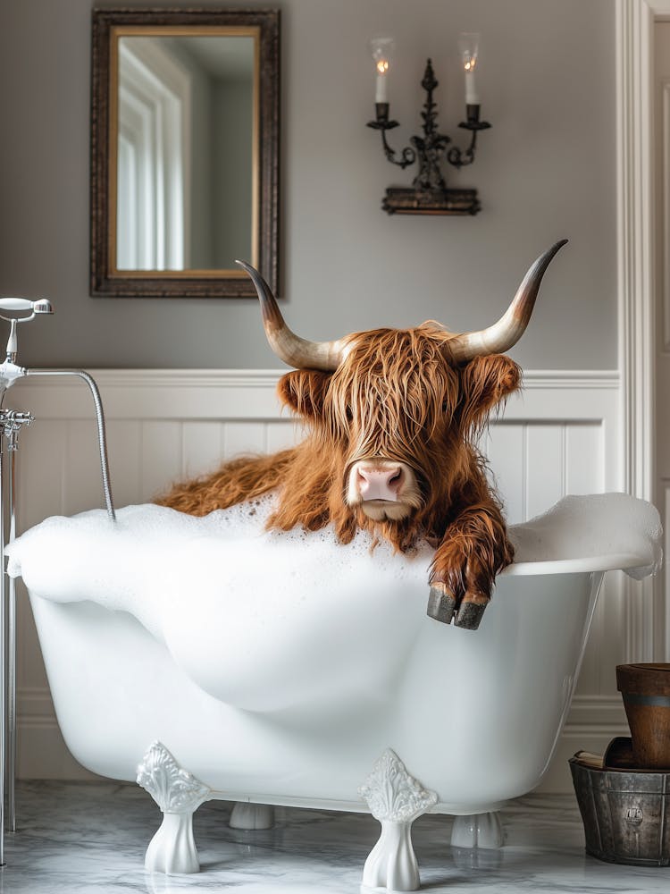 Highland Cow Taking A Bubble Bath Bathroom