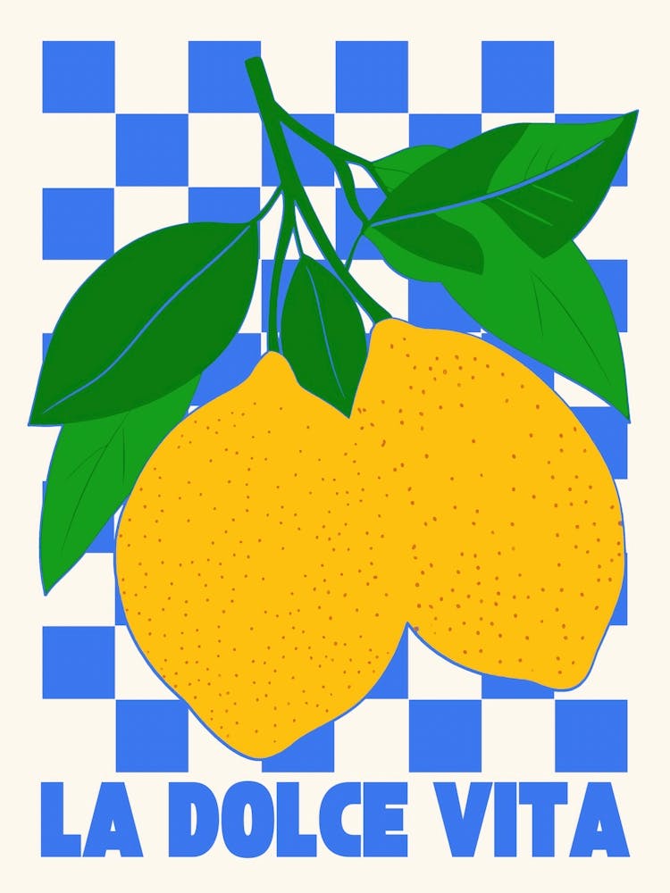 Retro La Dolce Vita lemon art in bold yellow, blue, green – Italian poster Mediterranean summer decor - minimalist food art perfect for kitchens, cafes, dining room, living room and bedroom