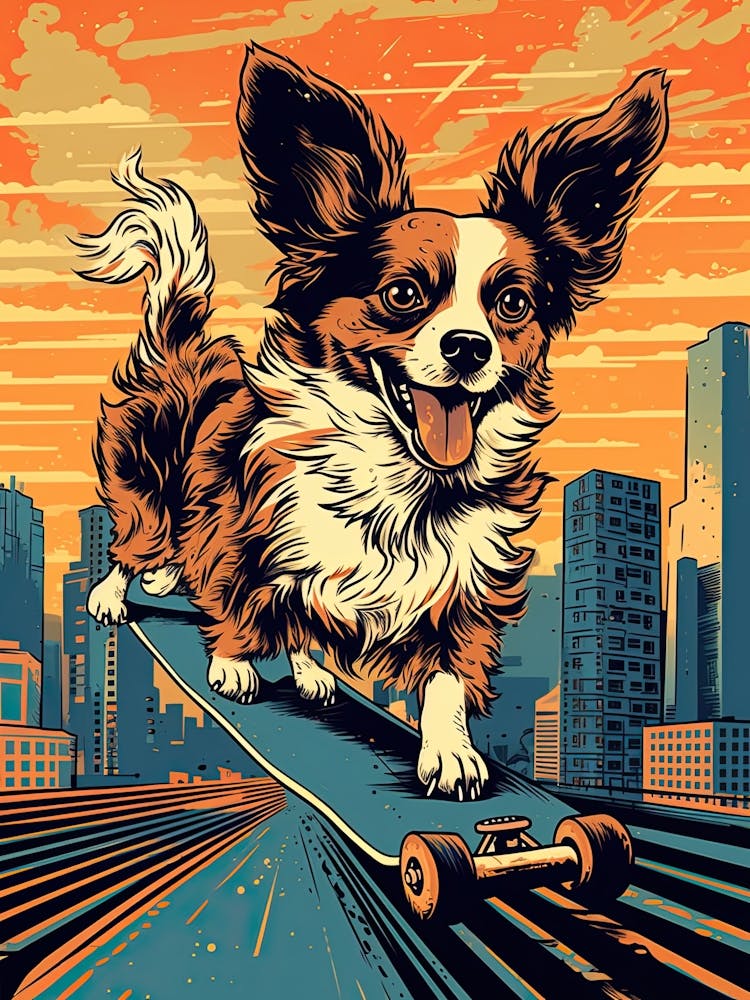 Papillon Dog Skateboarding Illustration 1