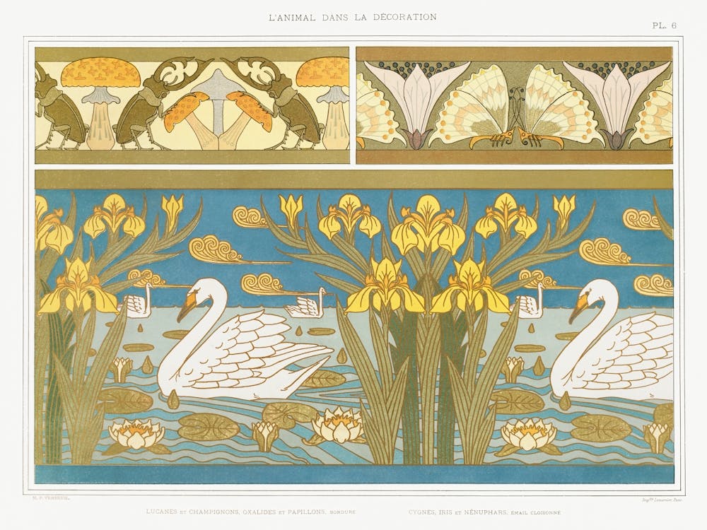 Stag Beetles And Mushrooms, Wood Sorrels And Butterflies; Swans, Irises And Water Lilies, Cloisonné Enamel From The Animal In The Decoration (1897), Maurice Pillard Verneui