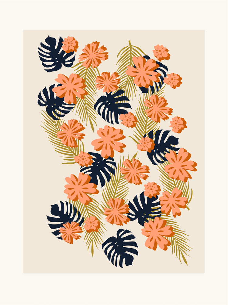 Monstera Palm Leaf And Tropical Flowers
