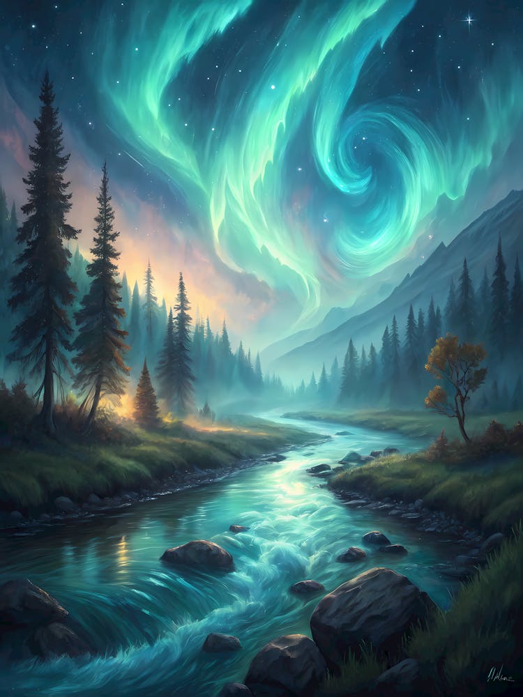 Oil Painting Style Vibrant Aurora Borealis Mystical River & Forest Landscape
