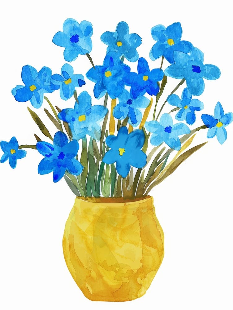 Blue Flowers In A Yellow Vase 1