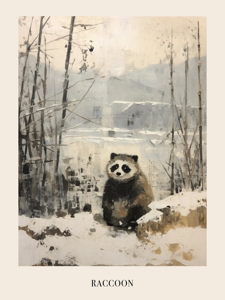 Vintage Winter Animal Painting Poster Raccoon 3