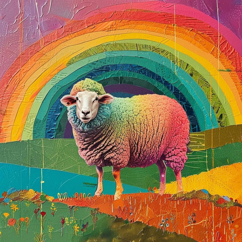 Rainbow Sheep Mixed Media Collage