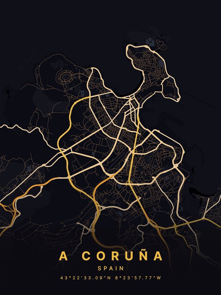 A Coruna, Spain Black And Gold Map