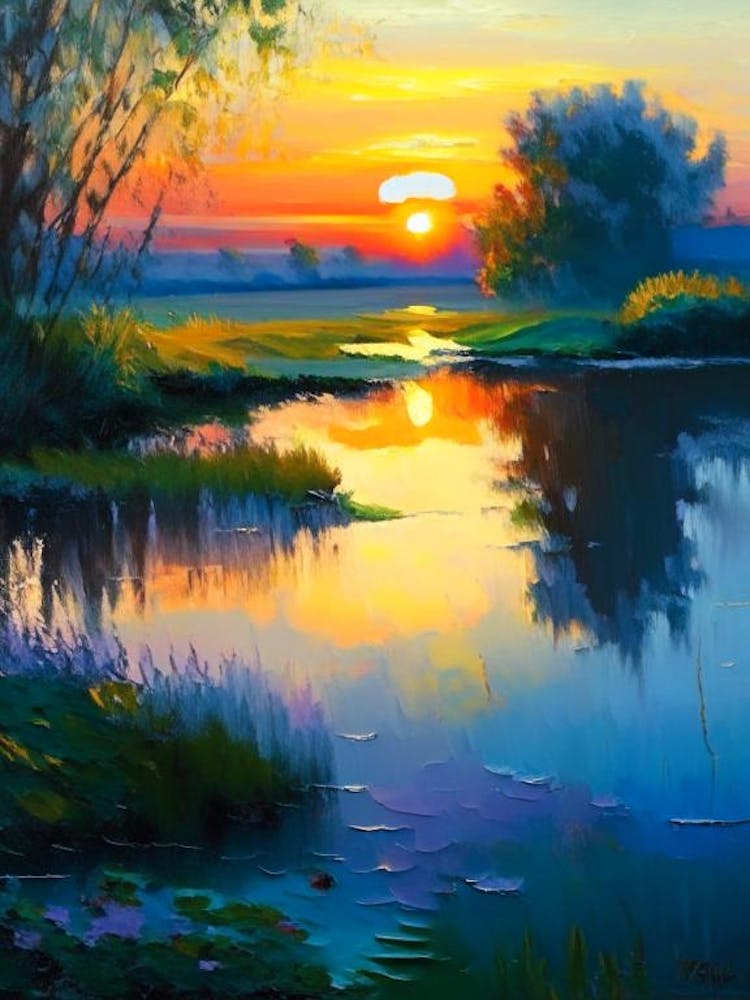 Sunrise Over Pond Waterscape Impressionism 1