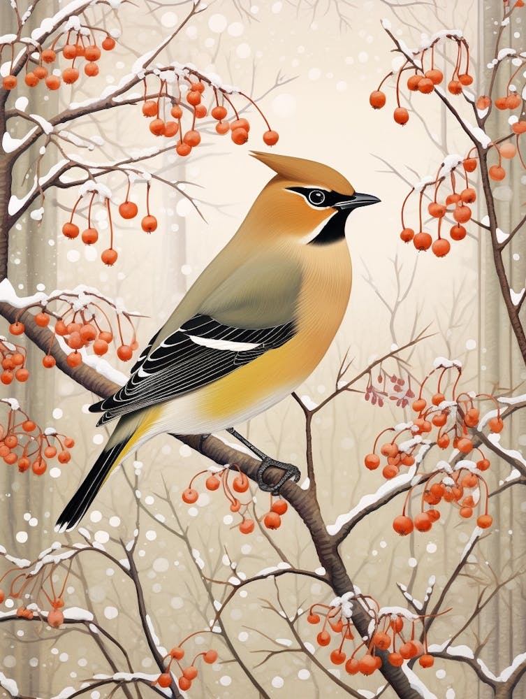 Winter Bird Painting Cedar Waxwing 2