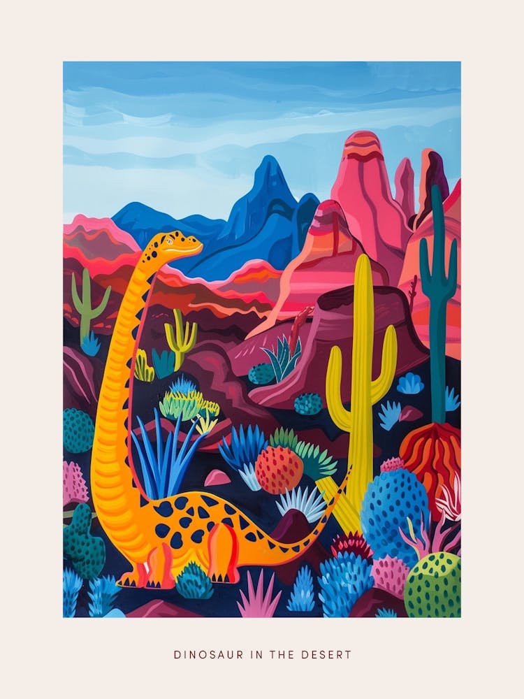 Geometric Colourful Dinosaur In The Desert Poster